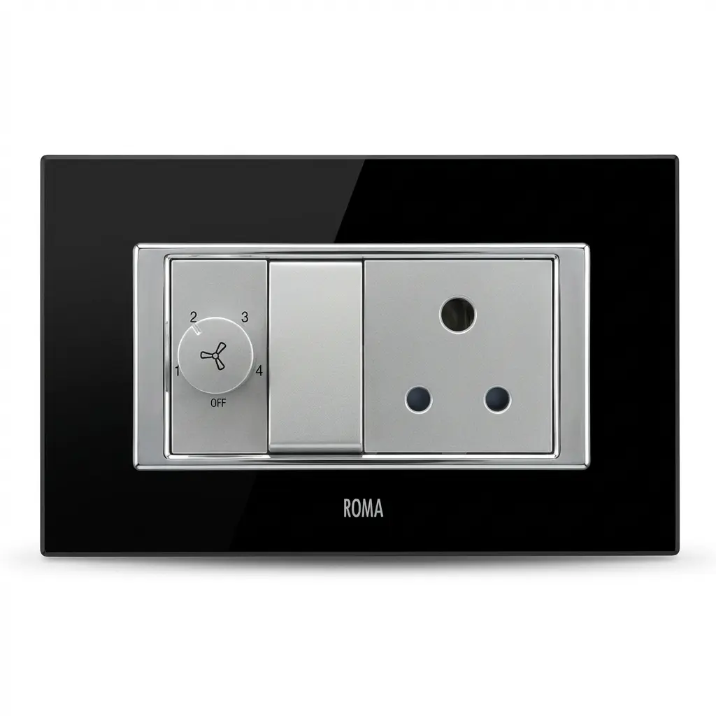 Anchor Roma Urban Glass Plate with Chrome Collar – Space Black with silver switch accesories